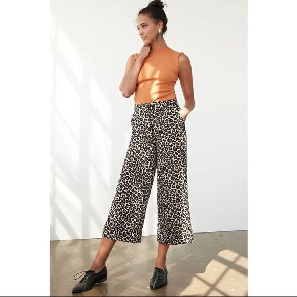 NEW Anthropologie Kate Leopard Jacquard Trousers Cropped Wide Leg Pants Size 6 - Picture 1 of 3